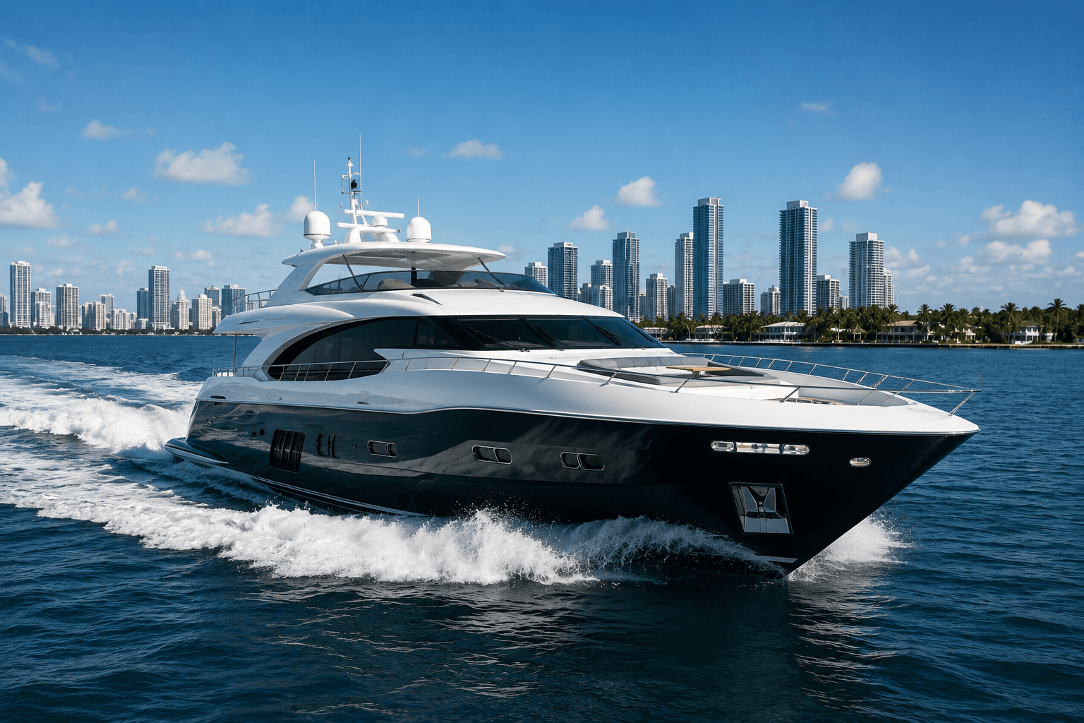 Luxury yacht docked at a pier against a city skyline at twilight