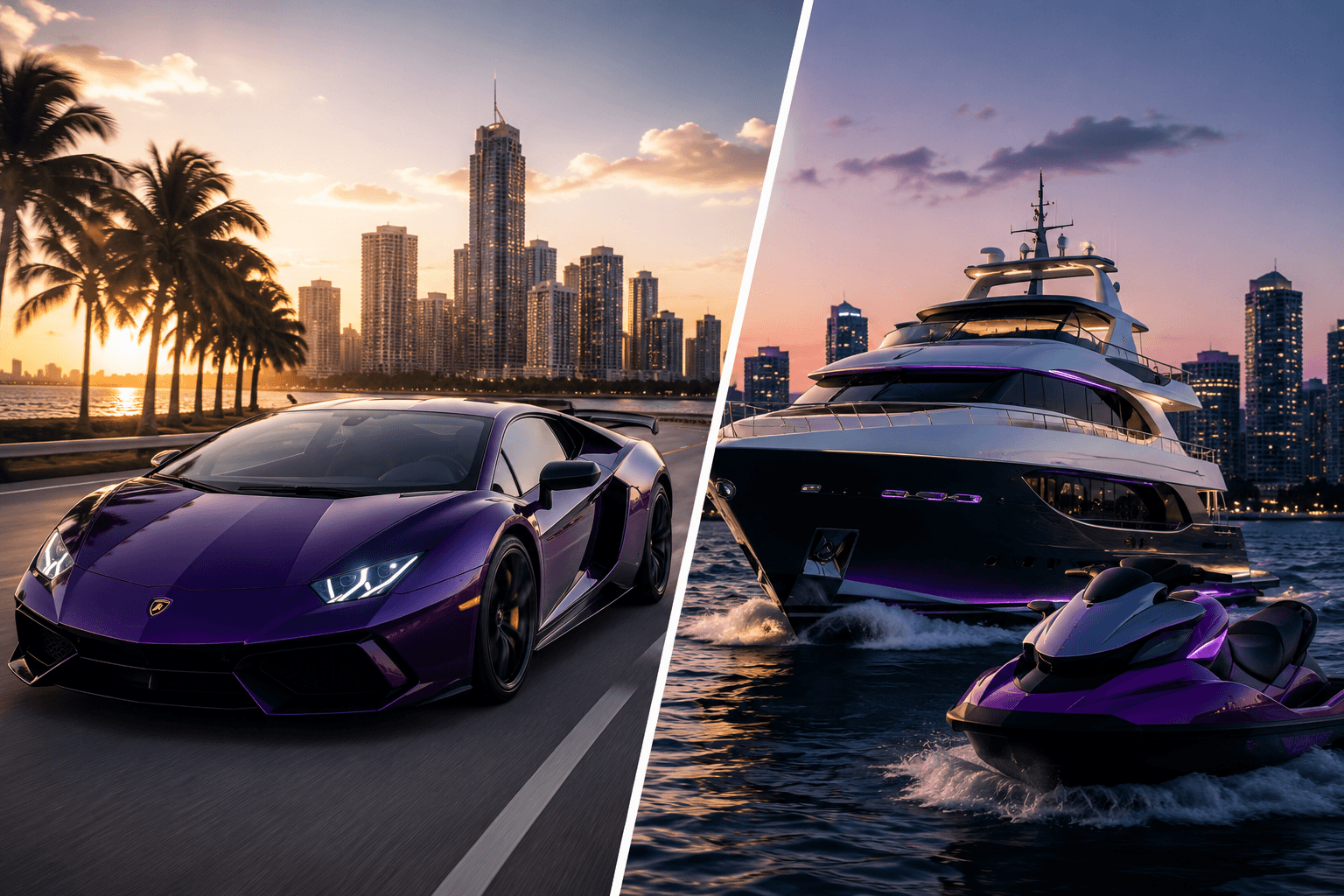Purple exotic supercar, luxury yacht, and jet ski against a Miami skyline at golden hour