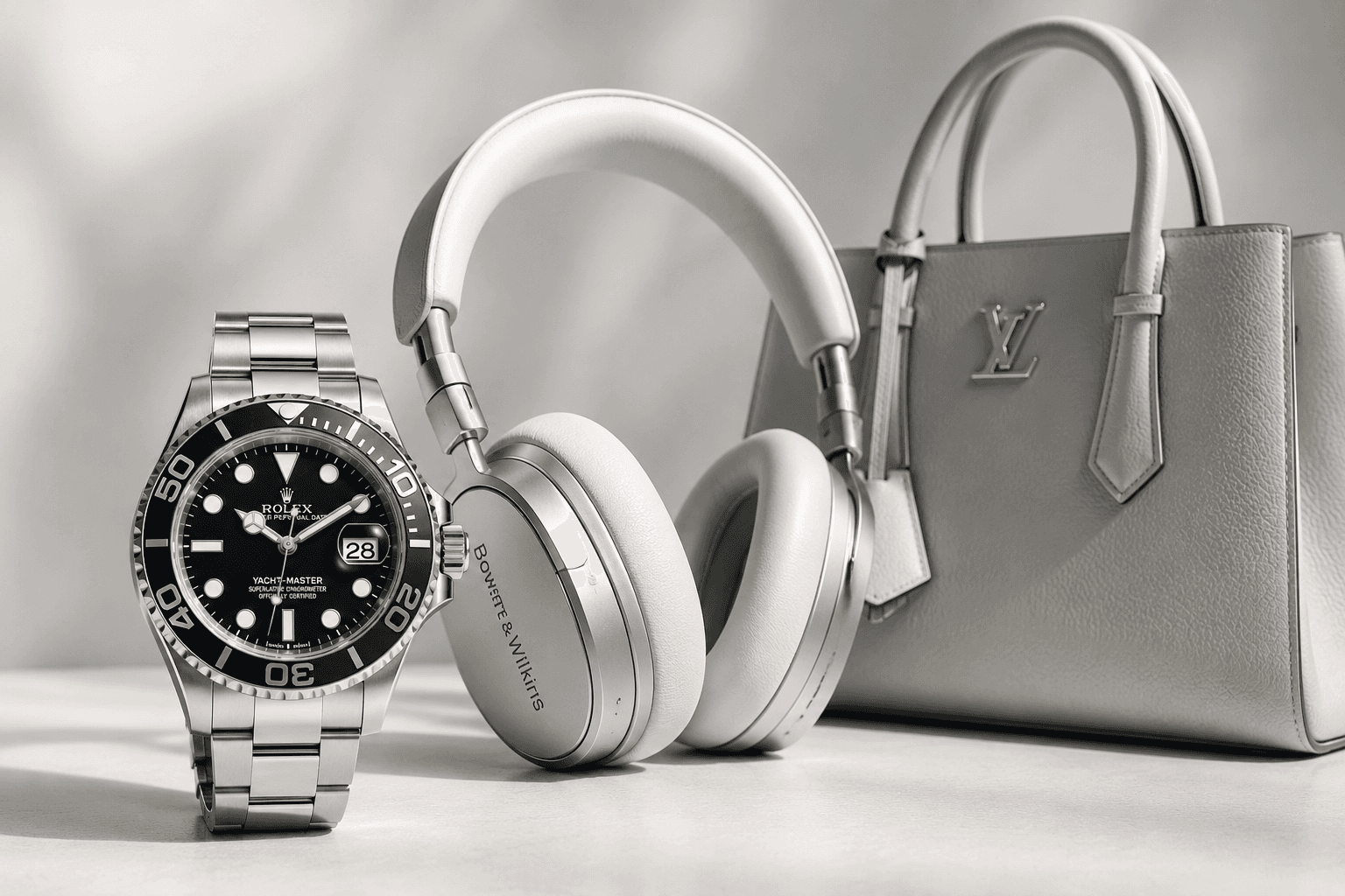 Luxury watch, premium headphones, and designer handbag on a neutral surface
