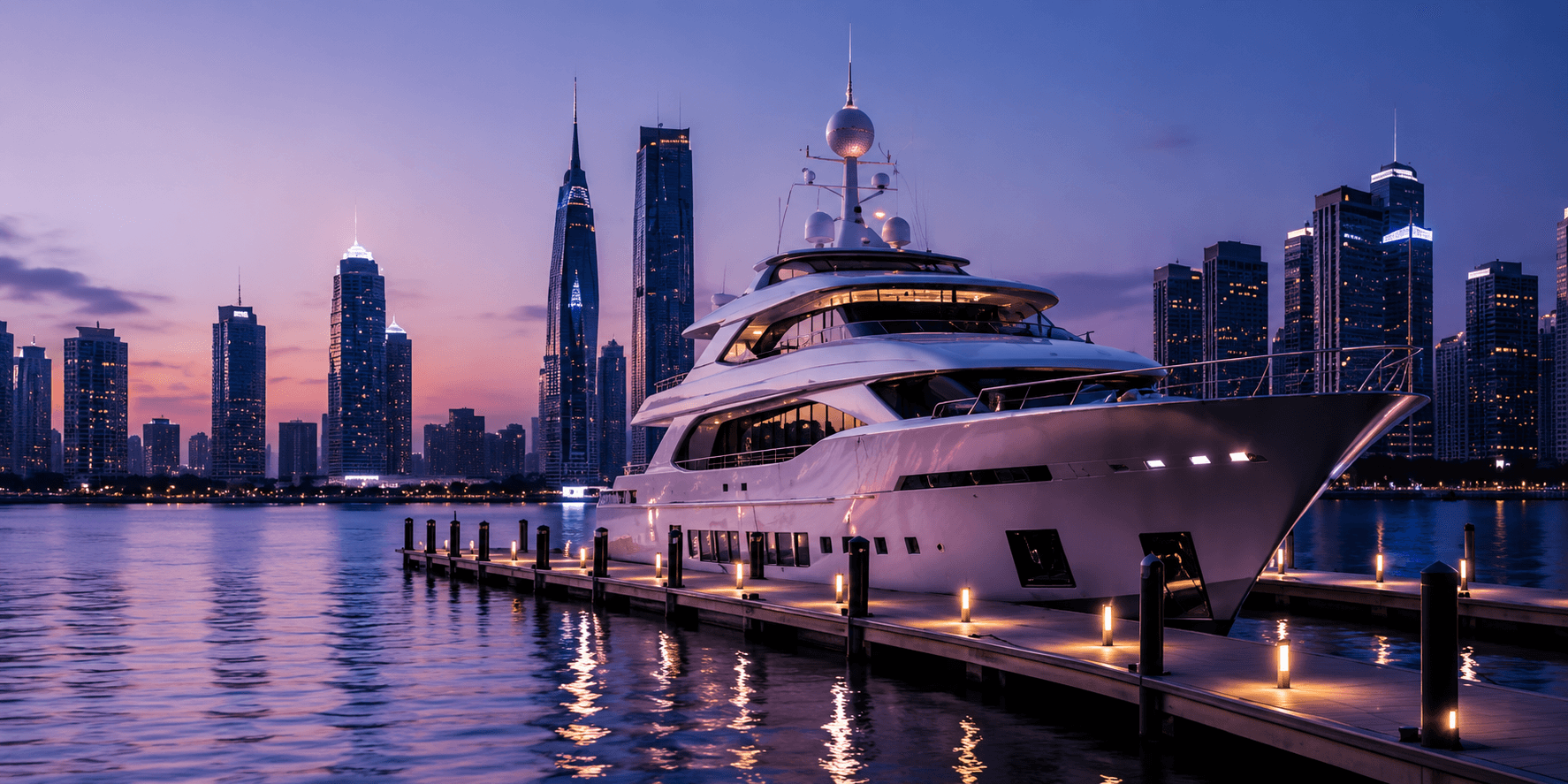 Luxury yacht and jet ski at a marina with city skyline at twilight